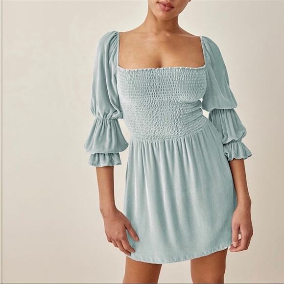 NEW Reformation Albi Long Sleeve Velvet Mini Dress in Turquoise Size XS - Picture 1 of 11